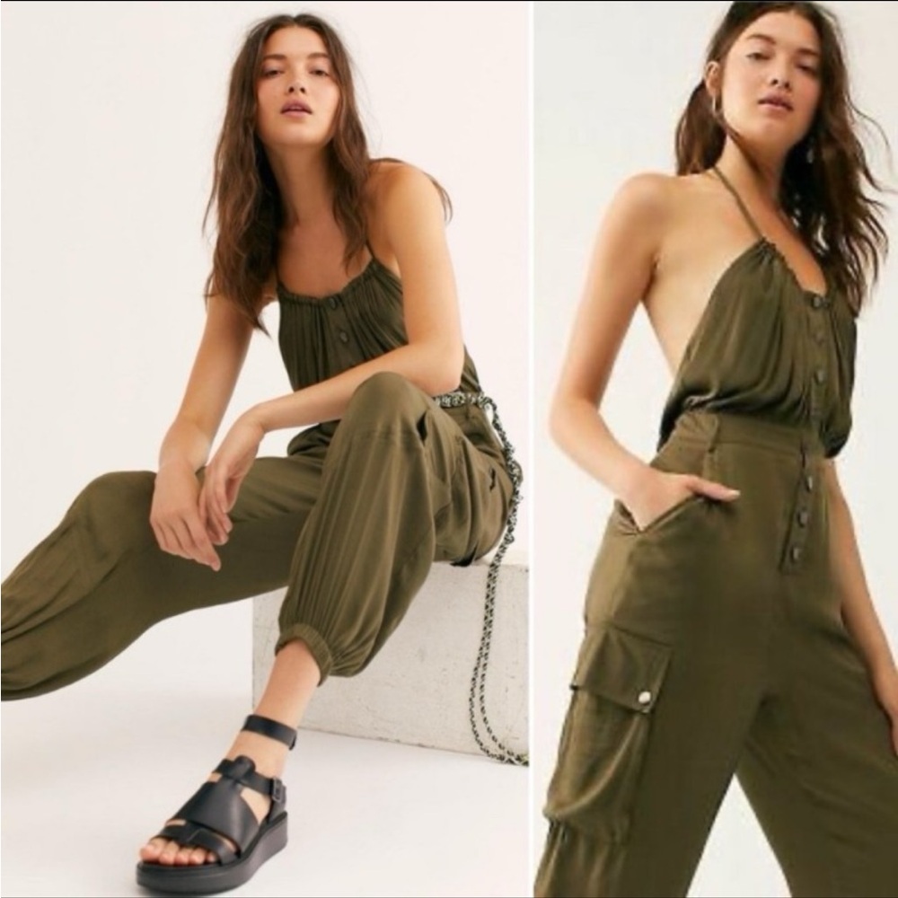 FREE PEOPLE Olive Green Halter Utility Jumpsuit